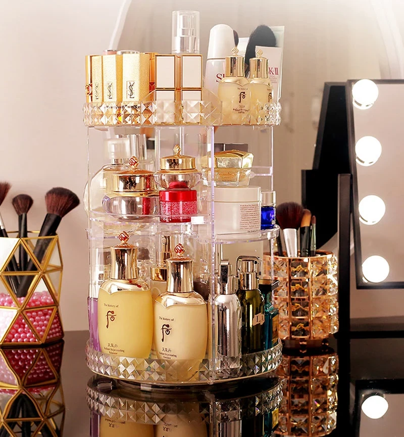 Organisateur de Maquillage Rotatif 360° – Transparent et Élégant - Rangement Cosmétique avec Poignées Multifonctions