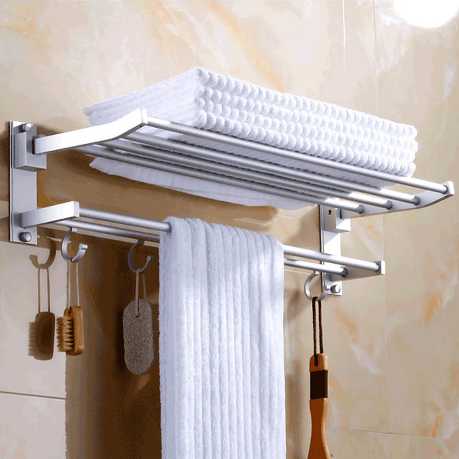 Porte-serviettes mural à deux niveaux, barres de douche en acier inoxydable, porte-vêtements avec crochets, accessoires de salle de bains