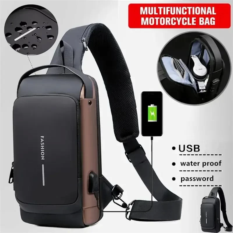 Sac à bandoulière antivol multifonction pour homme, sac à bandoulière, sac de poitrine, sac messager, initié par USB, voyage